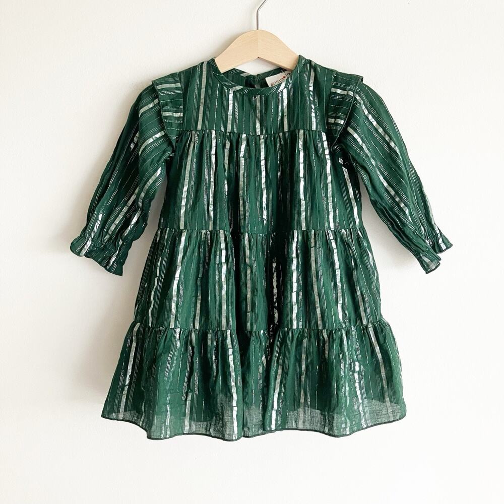 Yo Baby Dress Girls 12-18M Striped Green Metallic Silver Tiered Long Sleeve